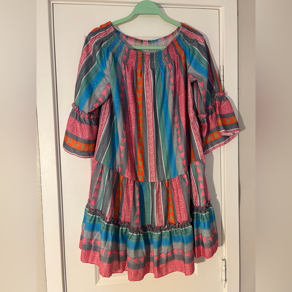 Multi-color, Off-the-shoulder, Tiered dress with a Ruffled Hem and Sleeves - Picture 3 of 9